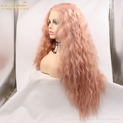 Lovely Pink Mono Long Curly Premium High Quality Water Wave Wholesale Cheap Women Fiber Synthetic Hair Wigs Lace Front